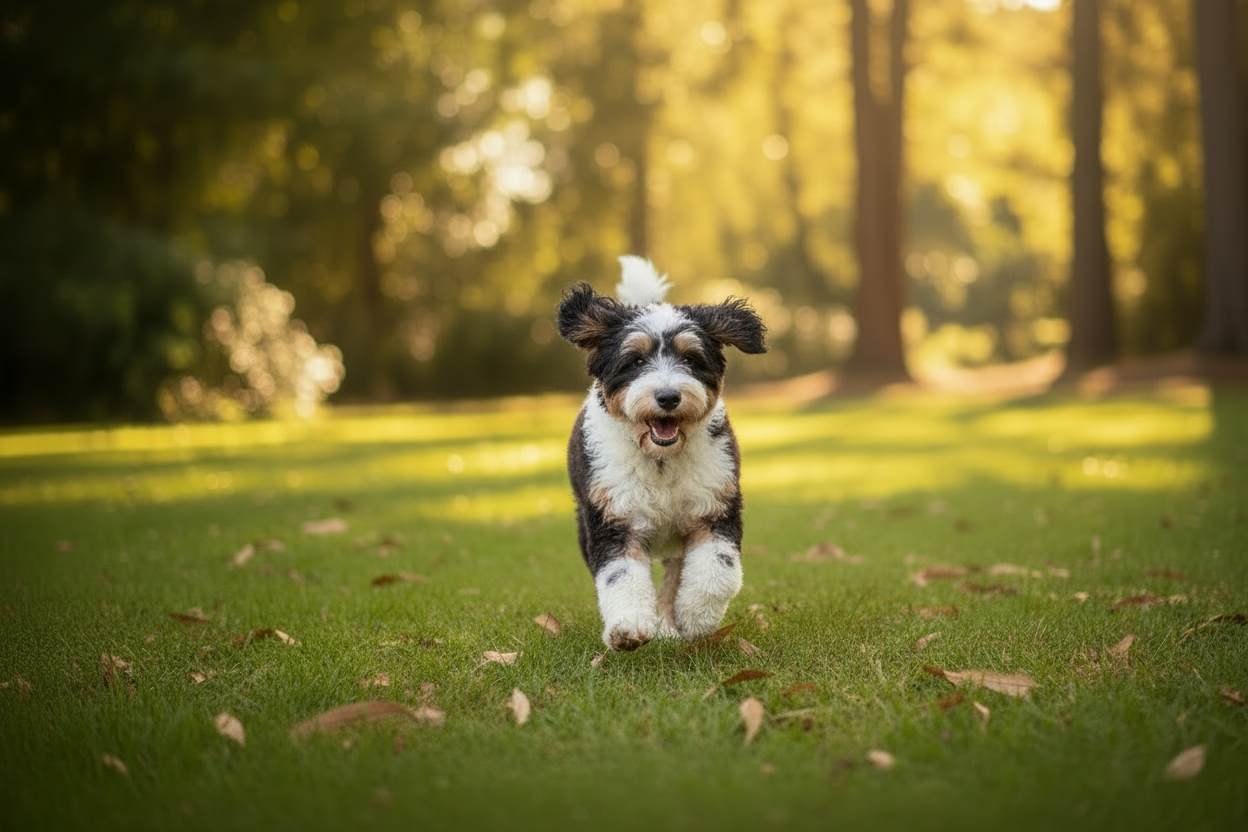 Bordoodle Running Towards Camera with Back and Tail Visible
